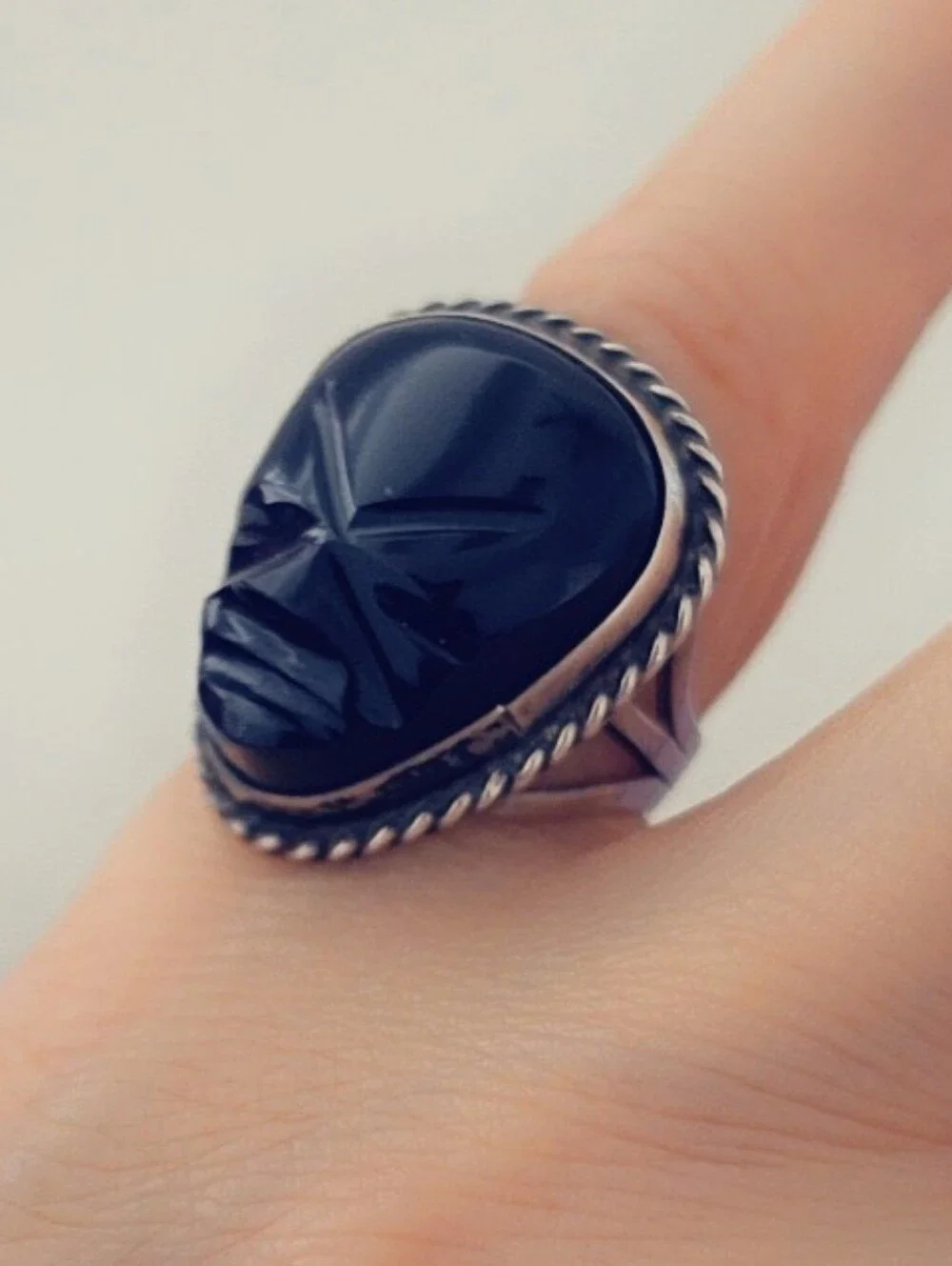 Estate Carved Onyx Gemstone Ring Sterling Silver 925